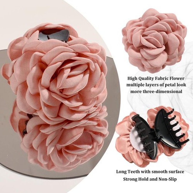 Rauimour 4pcs Handmade Fabric Rose Flower Hair Claw Clip for Women Girls, 3.94" Large Boho Hawaiian Floral Hairpins Barrettes for Thick Thin Hair Styling Accessories(Red Pink)