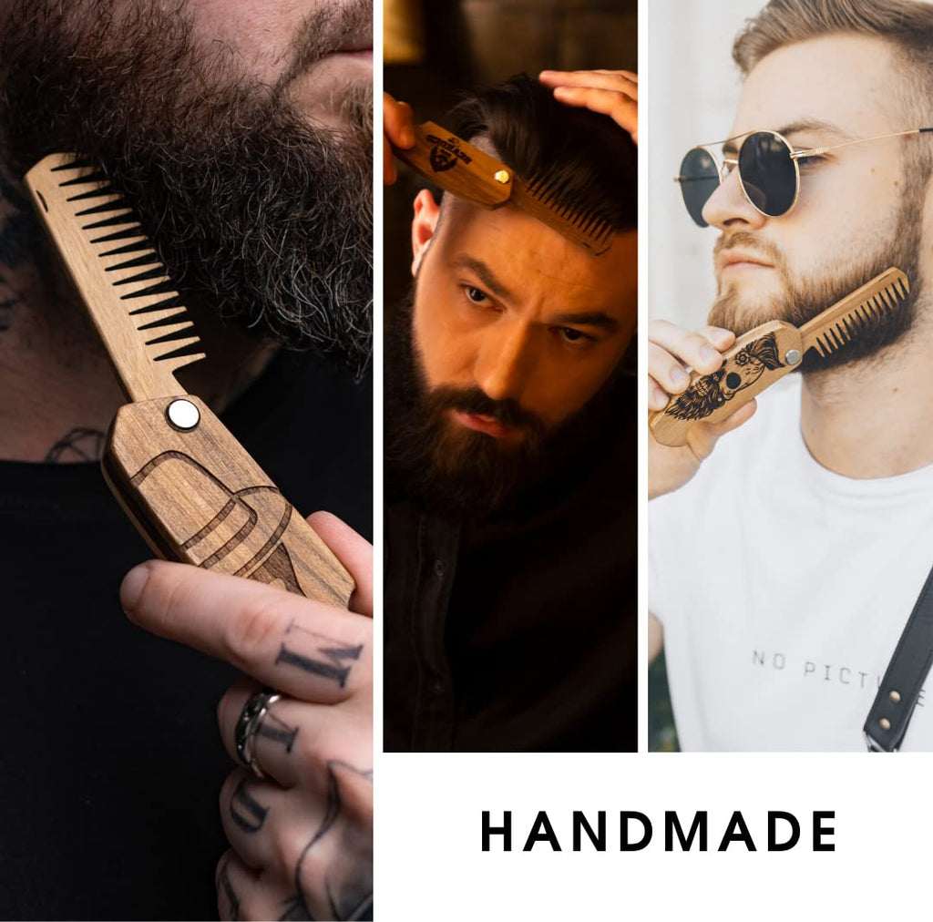 Wooden Beard Comb for Men - Personalized Folding Pocket Comb for Moustache Beard & Hair Walnut Combs Engraved (Half Skull)
