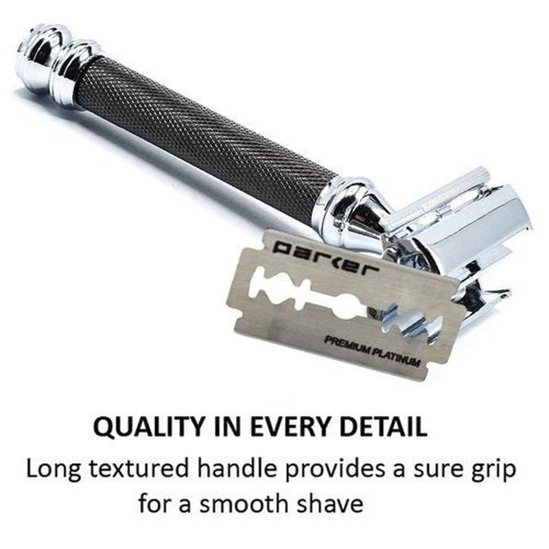 Parker 76R Heavyweight Butterfly Safety Razor - Gunmetal Finish & Long Knurled Handle for Precision Shaving
