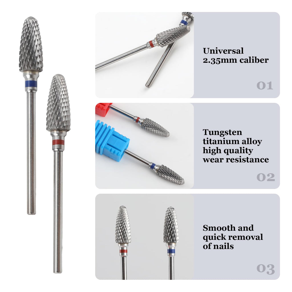 3/32" 5 in 1 Professional Carbide Nail Drill Bits Sets with Case, 2 Pack Tungsten Safety Drill Bits Tech Cuticle Bit Fast Remove for Manicurist Nail Salon Manicure Pedicure Gel Polishing (Round Head)