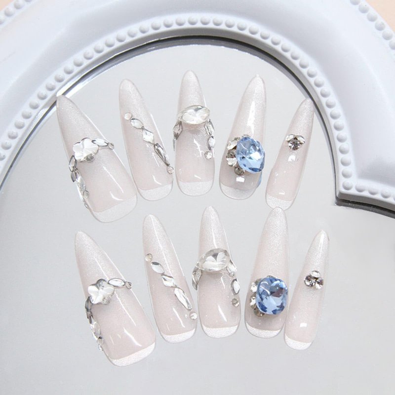 White Long Stiletto Fake Nails 30 Pcs Handmade Press on Nails Almond with Turquoise Blue 3D Crystals Designs Cute Glue on Nails Nude Gradient Gel Nail Artificial Stick on Nails for Women