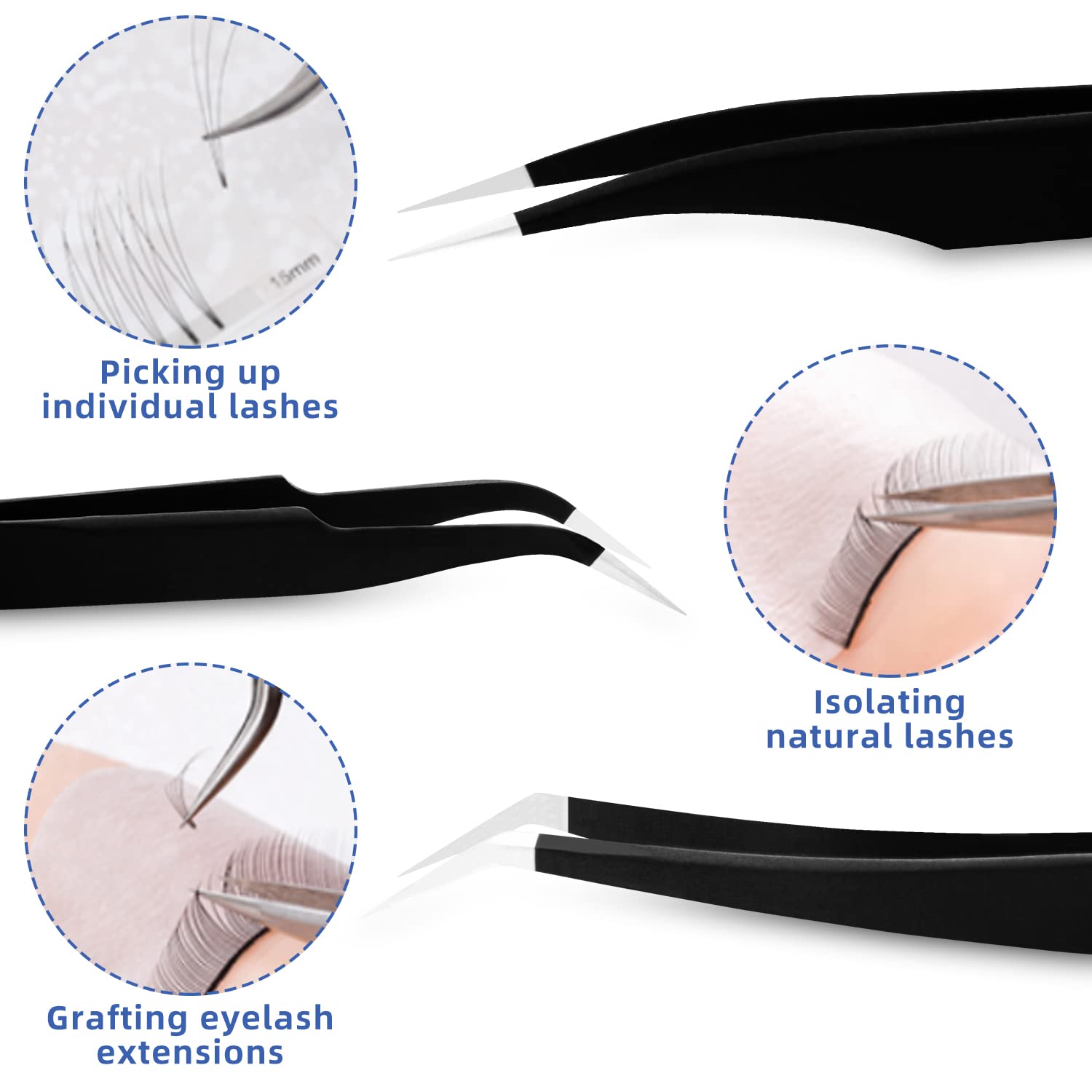 HengTianMei 8Pcs lash tweezers 3 Stainless Straight and 3 Curved Tip Eyelash Tweezers, With 2 Slant Pointed Precision Eyebrows Tweezers for eyelash extensions, Facial Hair, and Ingrown Hair Removal