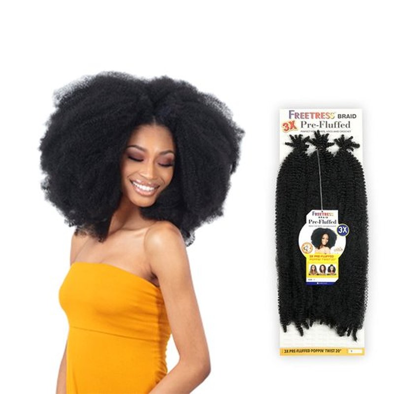 SHAKE N GO Freetress Synthetic Crochet Braid 3X PRE-FLUFFED - POPPIN TWIST 20 inch (1B Off Black), 1-PACK