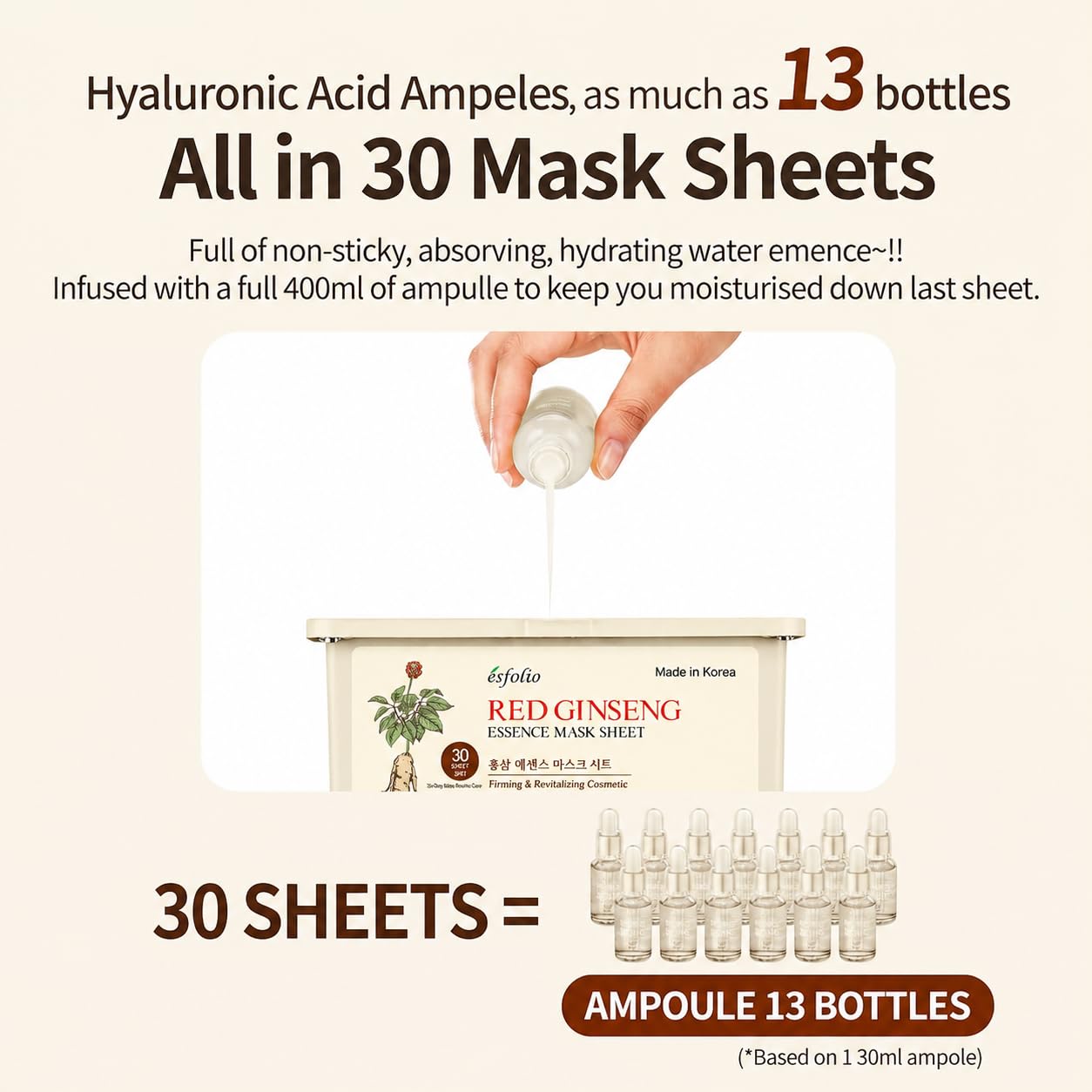 esfolio Made in Korea 30 Sheets Pure Skin Facial Mask – Red Ginseng Essence Hydrating Face Mask for Smooth, Soft, Firm, and Supple Looking Skin – Korean Daily Sheet Mask Skincare Pack