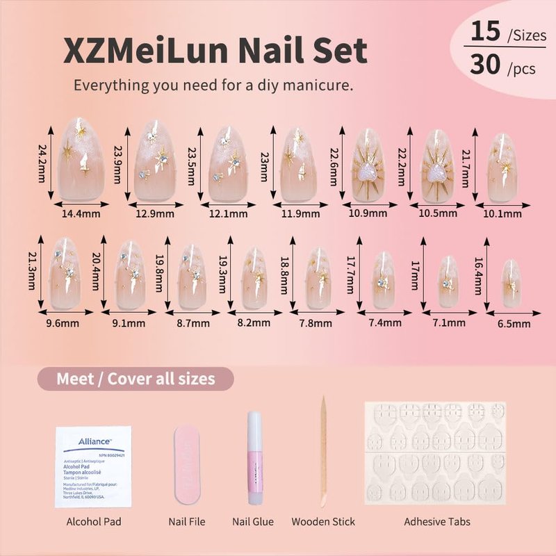 XZMeiLun 3D Boho Stars Gold Press On Nails Almond Medium 30Pcs, Heart Charms Design Reusable Acrylic Nails Press Ons, Fake Nails With Cute Celestial Glue On Nail, Daily Wear False Nail For Women