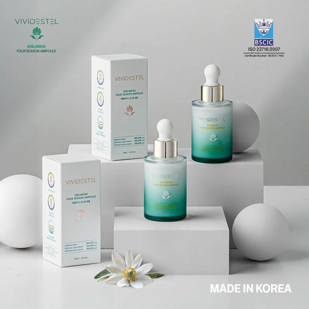 VIVIDESTEL Edelweiss Four Season Ampoule - Brightening & Anti Aging Essence Serum - Lightweight Non-Sticky Hydration Serum With Niacinamide, Peptides - Reduces Fine Line - Minimize Pores 30ml