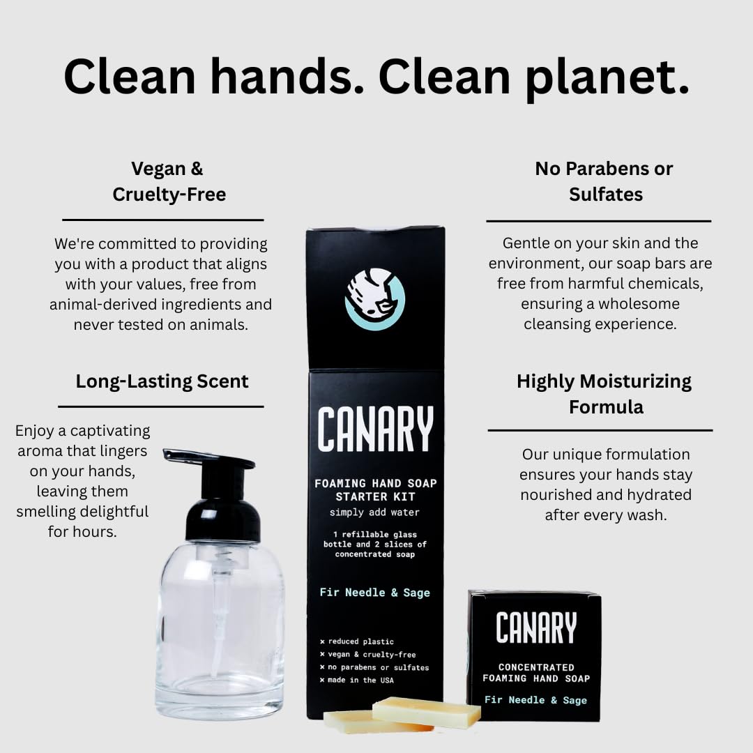 Canary Organic Hand Soap Kit (1 Glass Bottle, Reusable Foaming Pump, 14 Soap Slices) Moisturizing, Non Toxic Hand Soap Wash with Coconut Oil | All Natural, Zero Waste | Fir & Sage