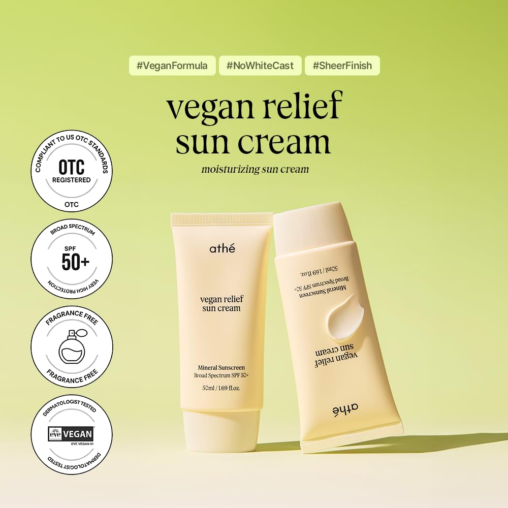 athé Vegan Relief Sun Cream SPF 50+ Broad Spectrum – Fragrance-Free | Sea Buckthorn Oil + 6-Type Hyaluronic Acid + Centella | No White Cast | Vegan K-Beauty | 1.69 fl.oz
