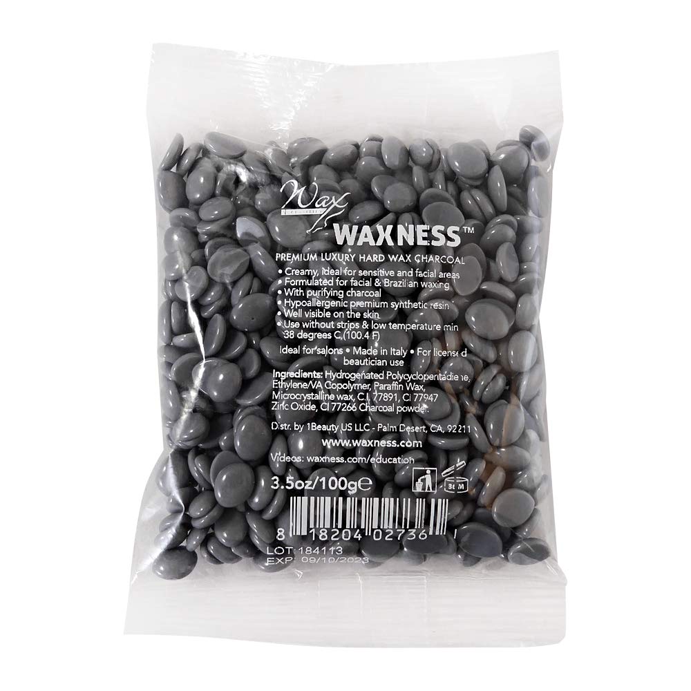 Waxness Charcoal Hard Wax Beads Sample Size 3.5 oz (100 g) – Premium Synthetic Rosin-Free Stripless Wax with Creamy Film Formula for Sensitive Areas, Professional Use – Made in Italy