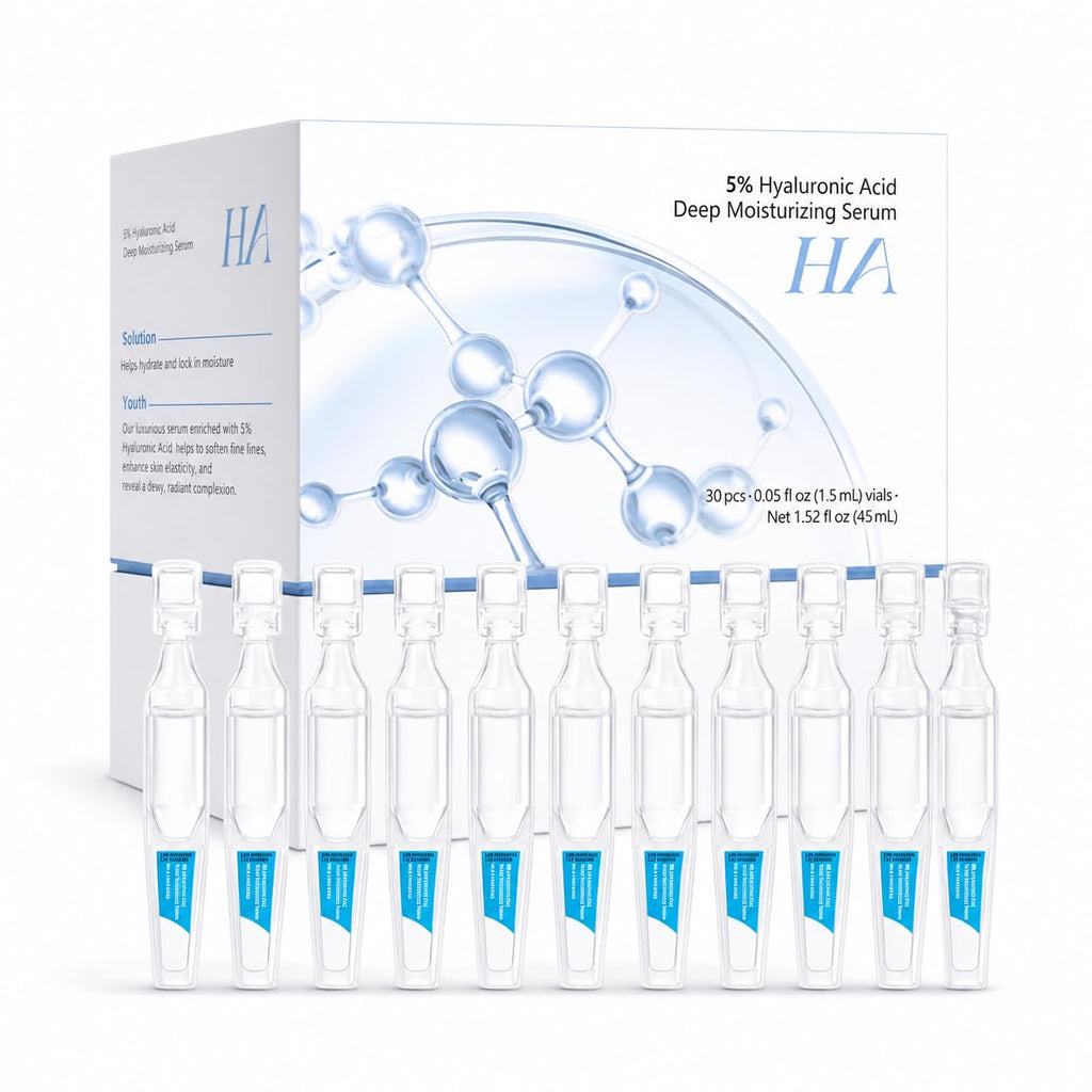 5% Hyaluronic Acid Serum for Face, 4D Multi-Layer Hydration, Ultra Hydrating Anti-Aging Serum, Moisturizer for Dry & Sensitive Skin, Pre-Makeup Skincare, Single-Use Ampoule 0.05fl oz x 30e