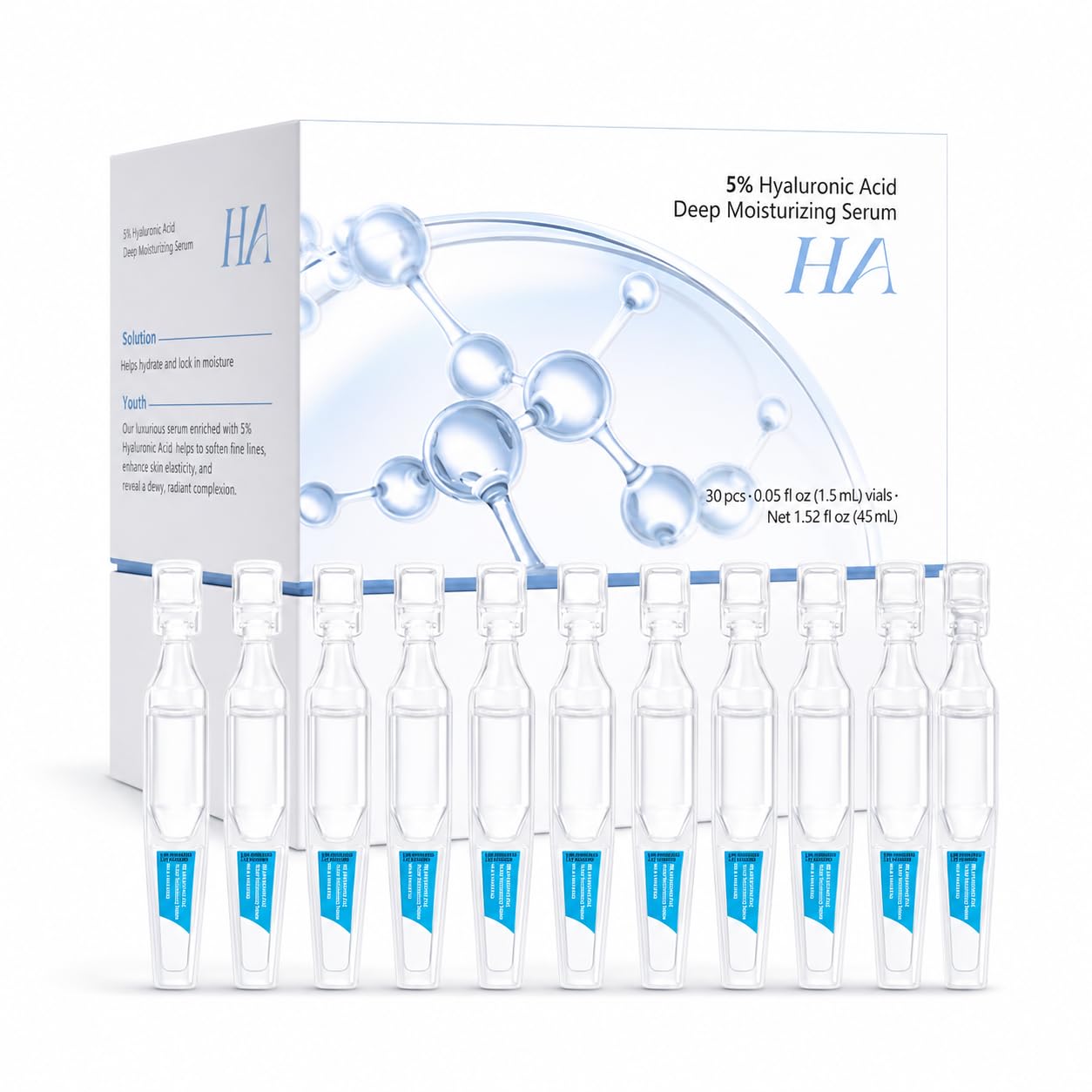 5% Hyaluronic Acid Serum for Face, 4D Multi-Layer Hydration, Ultra Hydrating Anti-Aging Serum, Moisturizer for Dry & Sensitive Skin, Pre-Makeup Skincare, Single-Use Ampoule 0.05fl oz x 30e