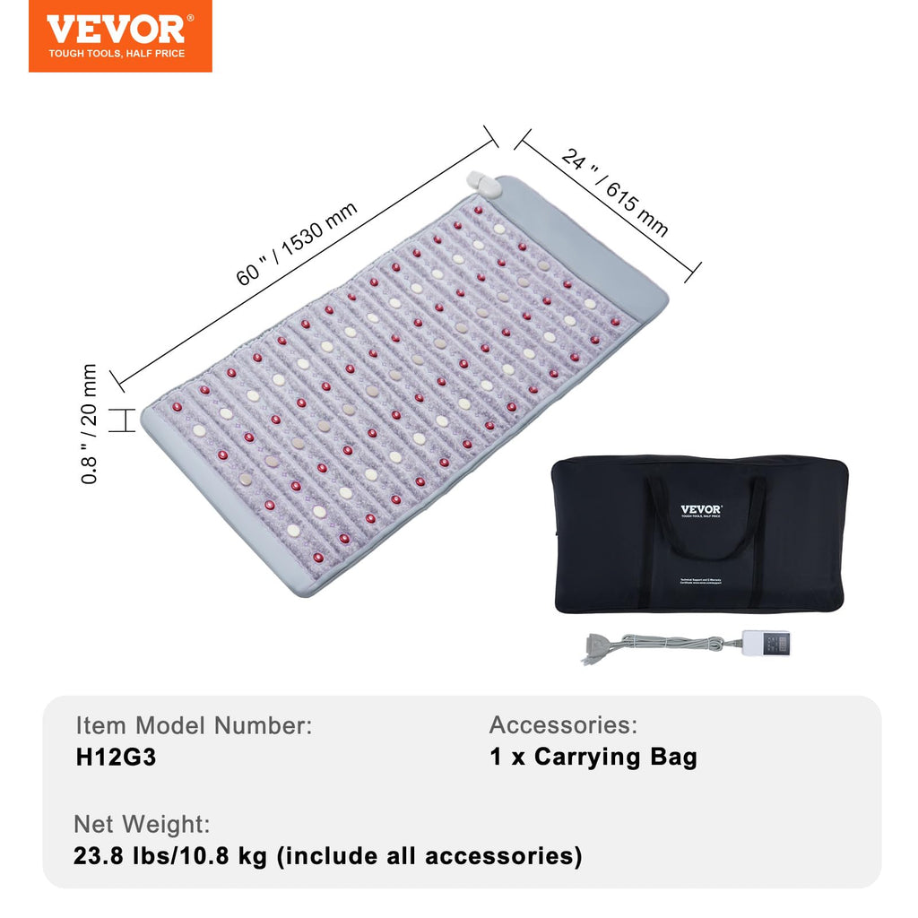 VEVOR Far Infrared Heating Pad, Jade & Tourmaline Stones Heating Pad with 660nm Photon Light & Negative Ions, 103-159℉ Hot Gemstone Therapy Mat with 0-12 Hours Timer for Back Waist Shoulder (60"x24")