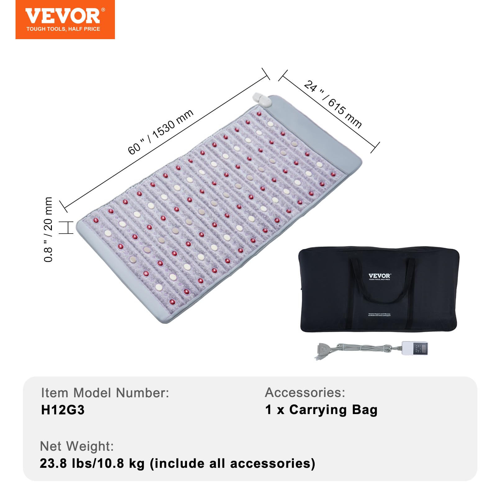 VEVOR Far Infrared Heating Pad, Jade & Tourmaline Stones Heating Pad with 660nm Photon Light & Negative Ions, 103-159℉ Hot Gemstone Therapy Mat with 0-12 Hours Timer for Back Waist Shoulder (60"x24")