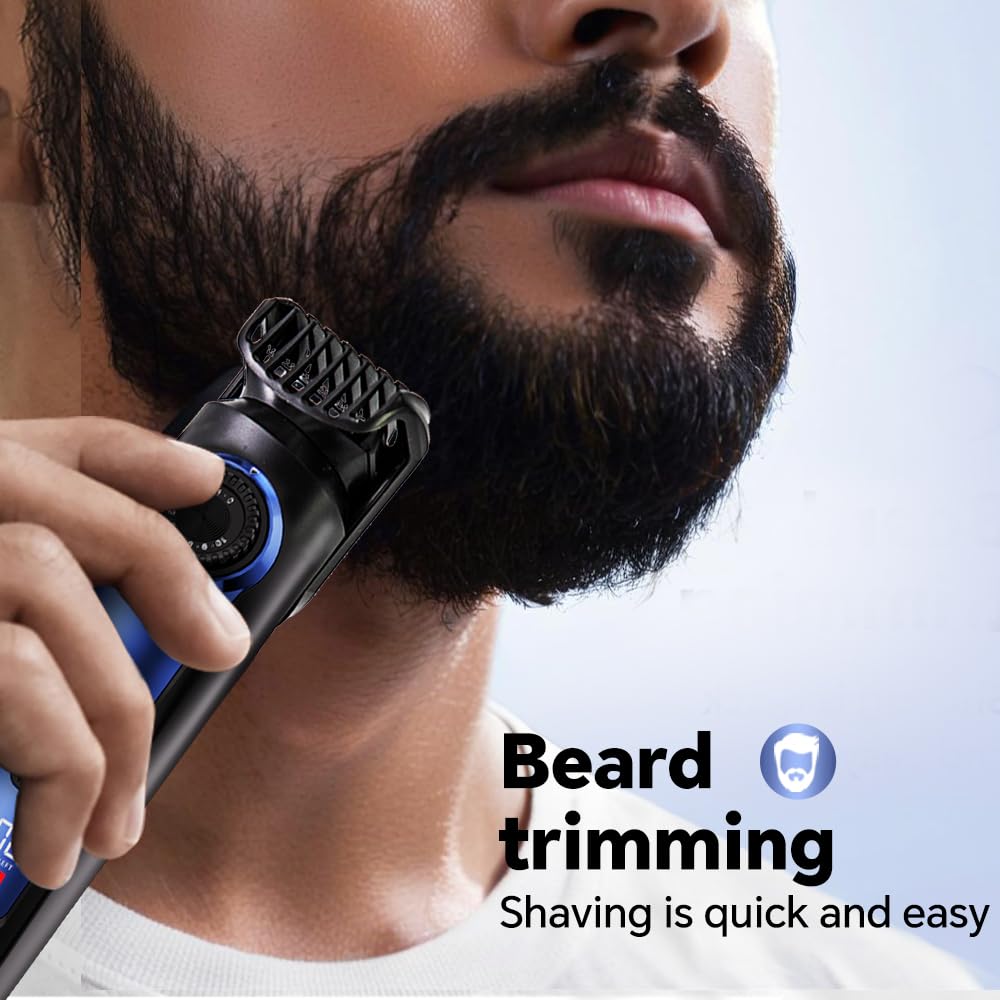 Electric Beard Trimmer for Men Professional Adjustable Length and Hair Clipper, Men's Beard Mustache Trimming and Body Hair Trimmer, Cordless Digital Display and Rechargeable USB Type-c Charger (Blue)