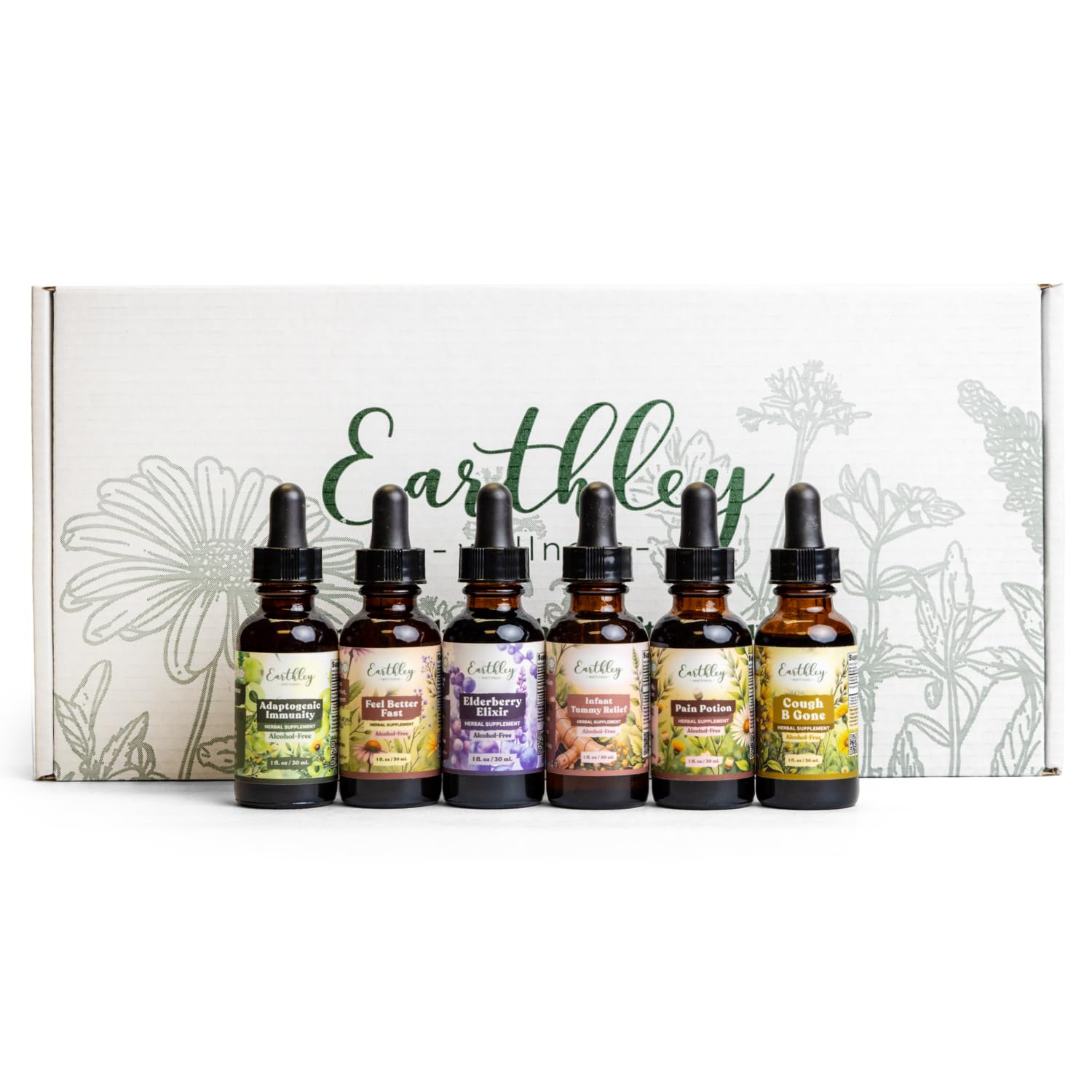 Earthley Wellness Family Organic Herbal Tincture Set, Cough Support Bundle with Elderberry, Cough, Feel Better Fast and More, Alcohol Free Formulas, Carry Bag Included (6 Set, Organic Herbal Formulas)