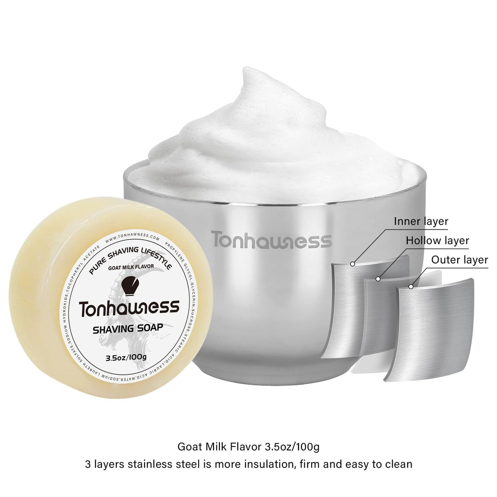 Tonhawness Shaving Brush Kit for Men, 4 in 1 Shaving Brush Set Includes Nylon Shaving Brush, Shaving Soap and Stainless Steel Shaving Bowl & Stand for Men’s Wet Shave Gift
