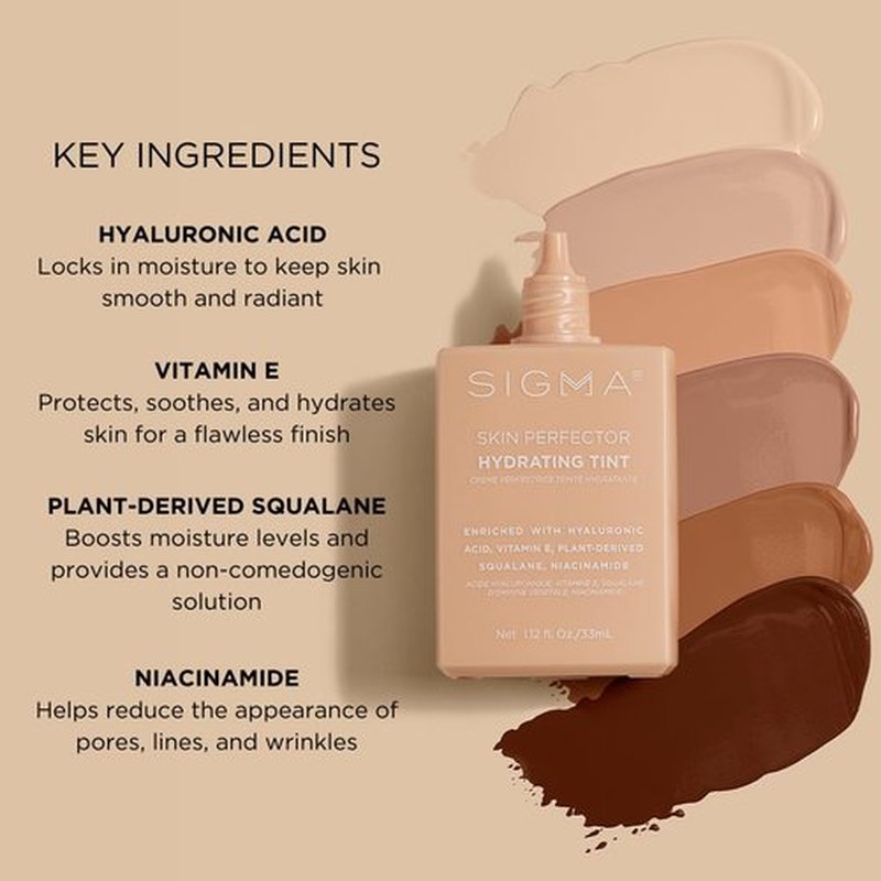 Sigma Beauty Skin Perfector Hydrating Tint - Lightweight Buildable Foundation with Hyaluronic Acid | Light Beige Tint (2)