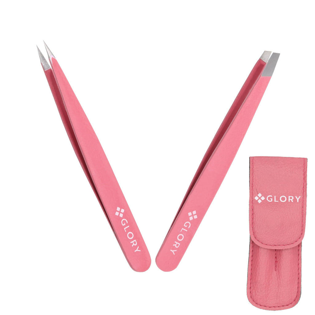 Glory Professional Precision Eyebrow Tweezers Series, Premium Stainless Steel Slanted & Pointed Hair Pluckers for Ingrown Hair, Splinters & Facial Grooming (Tweezers Set (Pink))