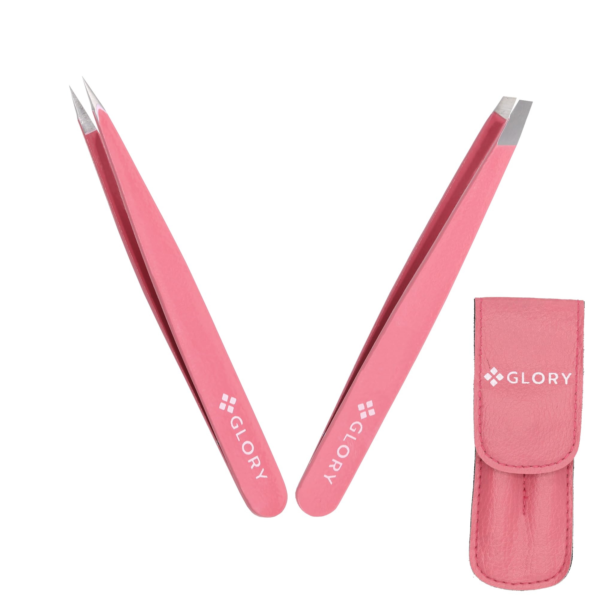 Glory Professional Precision Eyebrow Tweezers Series, Premium Stainless Steel Slanted & Pointed Hair Pluckers for Ingrown Hair, Splinters & Facial Grooming (Tweezers Set (Pink))