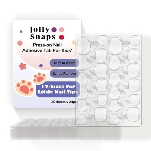 Jolly Snaps XS Non-Toxic Nail Adhesive Tabs for Kids | 480 PCS Extra Strong Sticky Tabs for Press On Nails | Waterproof, Ultra Thin & Easy to Use | 20 Sheets Nail Glue Tabs