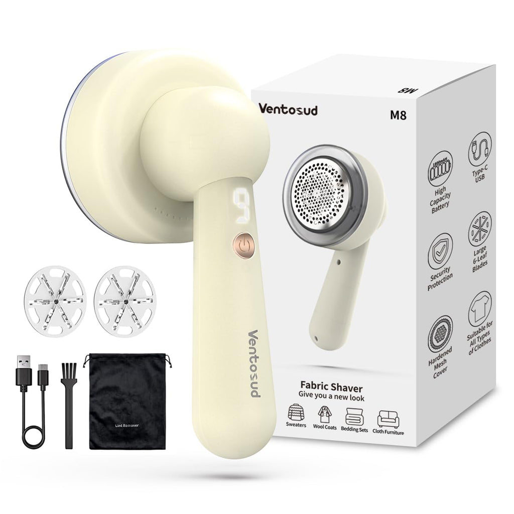 Ventosud Fabric Shaver Lint Remover Rechargeable, Clothes Shaver Pill Remover with 6-Leaf Blades LED Digital Display 3-Gears Adjustable for Clothing Couch Furniture, Cream White