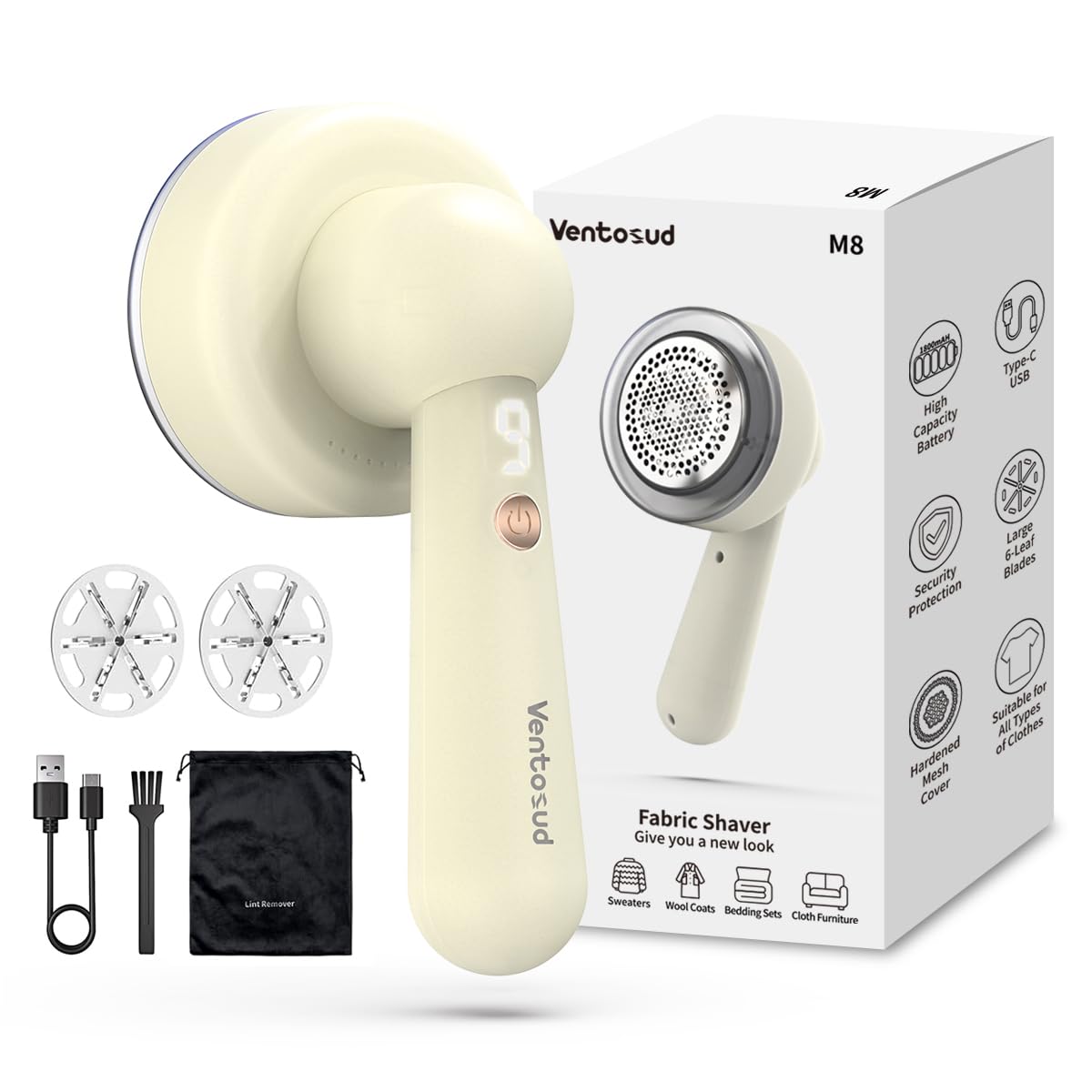 Ventosud Fabric Shaver Lint Remover Rechargeable, Clothes Shaver Pill Remover with 6-Leaf Blades LED Digital Display 3-Gears Adjustable for Clothing Couch Furniture, Cream White