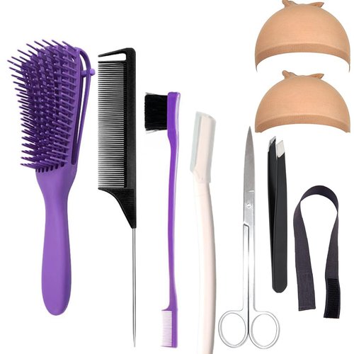 Miaubaa Wig Kit for Lace Front Wigs for Beginners 8Pcs, Lace Melting Elastic Band for Wigs, HD Wig Caps, Eyebrow Razors, Tweezers, Edge Brush, Detangle Brush
