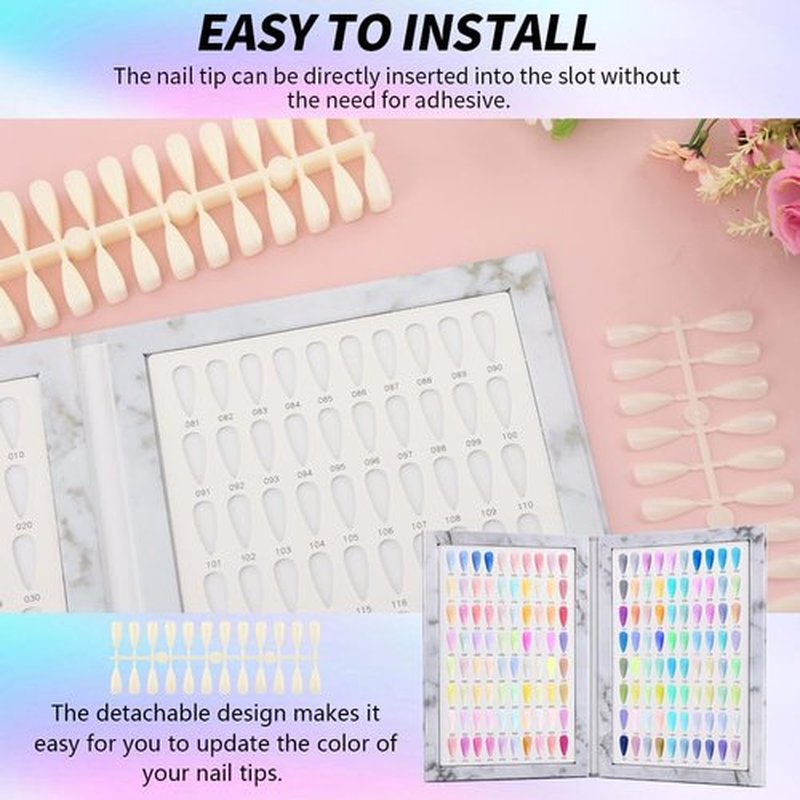 160 Nail Color Book, Professional Nail Color Display Book with 240 N-ail Tips & 1-200 Number Stickers Labels 3 Dual-Ended Nai-l Art Pen, Nai-l Salon Display Booklet(COLOR:White)