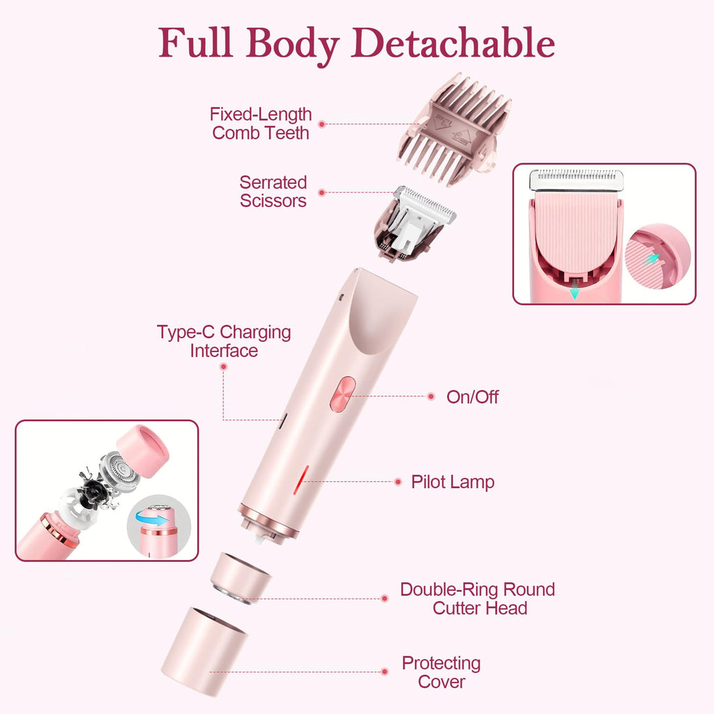 GlossLuxe Bikini Trimmer for Women, 2-in-1 Dual Head Shaver Women, IPX7 Waterproof Gentle Electric Razors for Sensitive Areas, Cordless Hair Removal for Shower & Travel, Holiday Gift (Pink)
