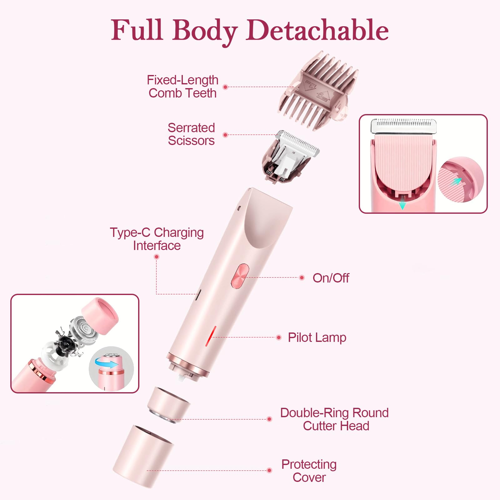 GlossLuxe Bikini Trimmer for Women, 2-in-1 Dual Head Shaver Women, IPX7 Waterproof Gentle Electric Razors for Sensitive Areas, Cordless Hair Removal for Shower & Travel, Holiday Gift (Pink)