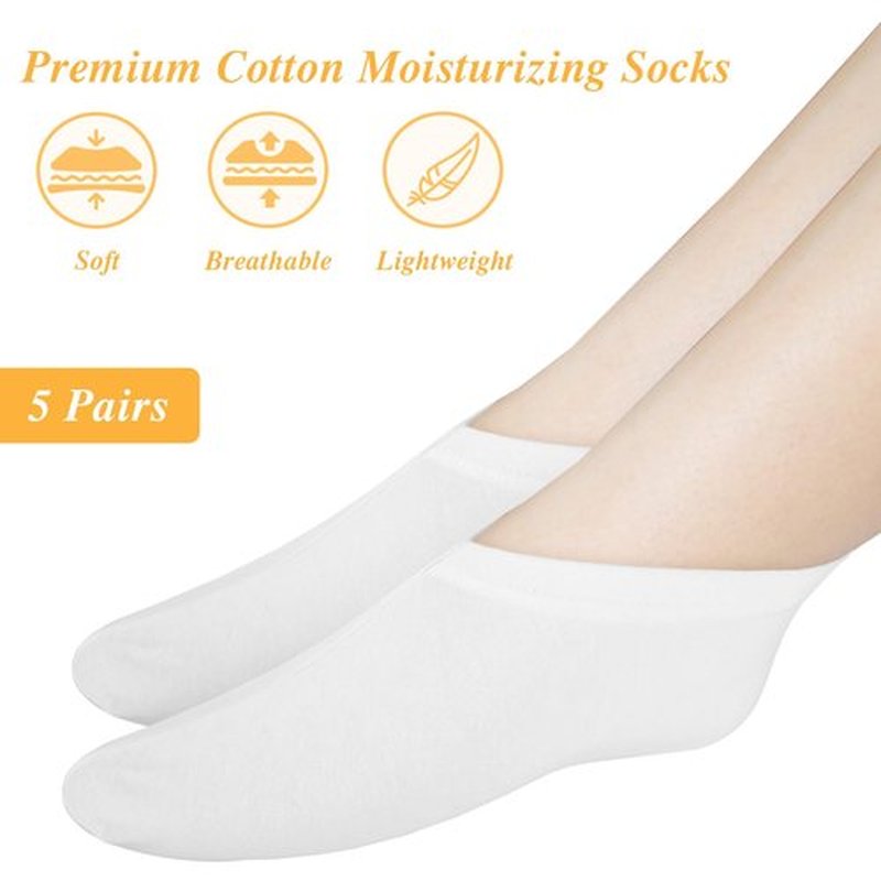 5 Pairs Foot Moisturizer Socks, Moisturizing Socks Overnight, Cotton Spa Socks for Cracked Heel Repair, Gel Spa Moisturizing Socks for Women and Men, White