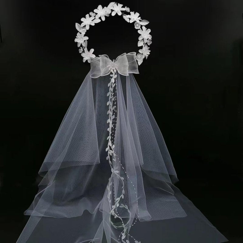 yuruyi Flower Crowns for Women, Floral Crown with Wedding Veil Headpiece for Wedding Bridal Festival Photography Hair Wreath Accessory Hairbands for Girls