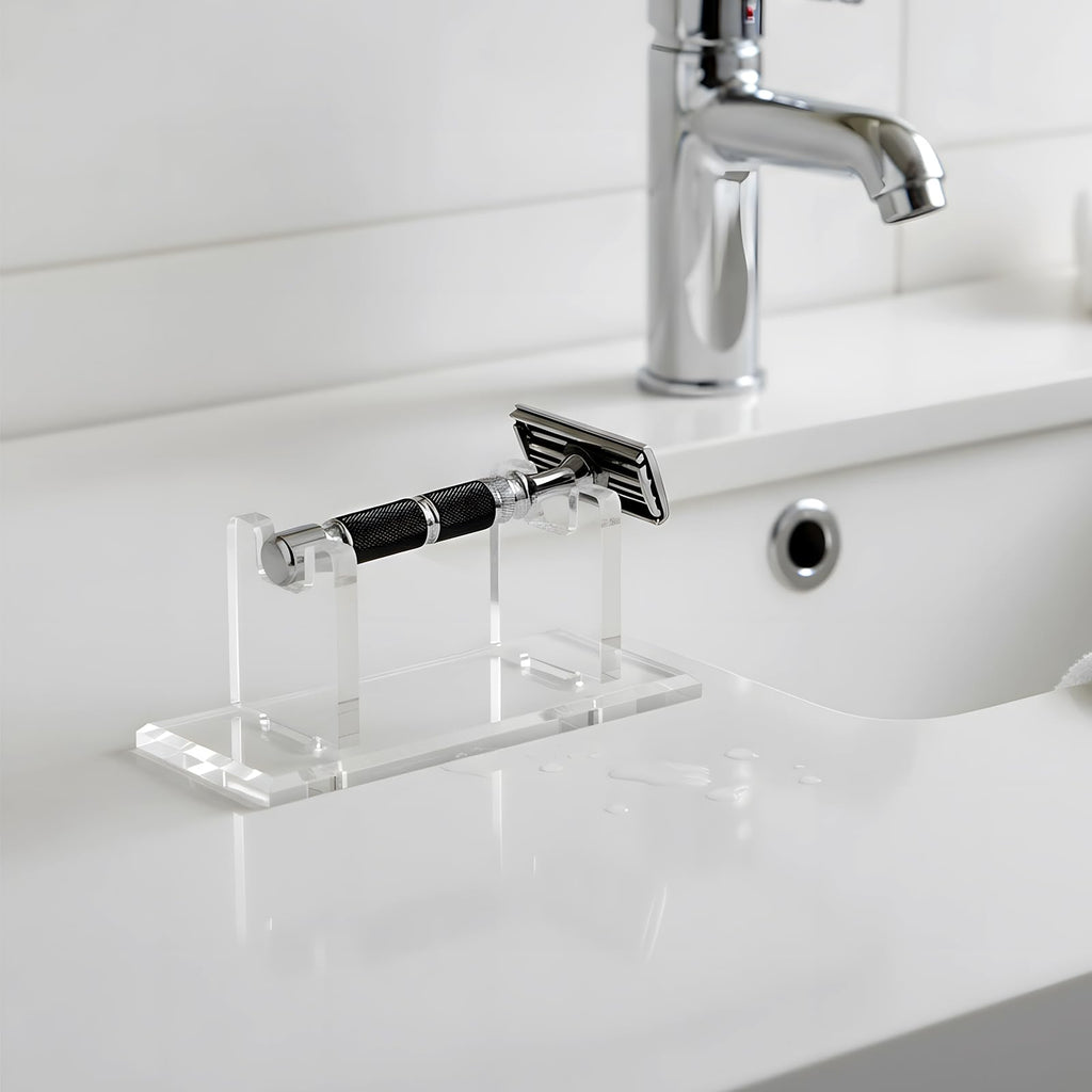 Fiwochic 2 Pcs Acrylic Men's Razor Stand Holder Safety Razor Stand Stable Storage Bracket Shaving Brush Stands Bathroom Compatible with MK23C, Clear