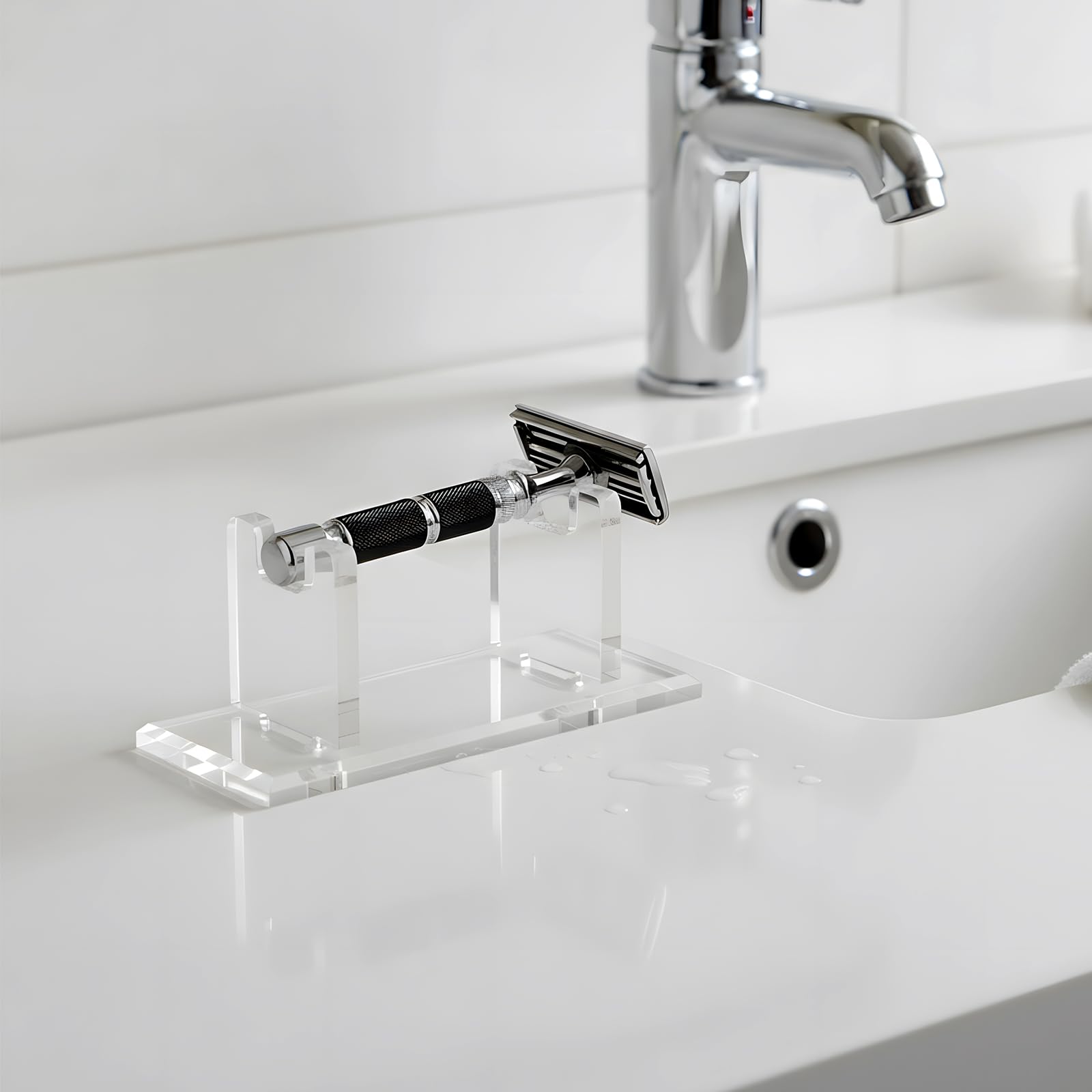 Fiwochic 2 Pcs Acrylic Men's Razor Stand Holder Safety Razor Stand Stable Storage Bracket Shaving Brush Stands Bathroom Compatible with MK23C, Clear