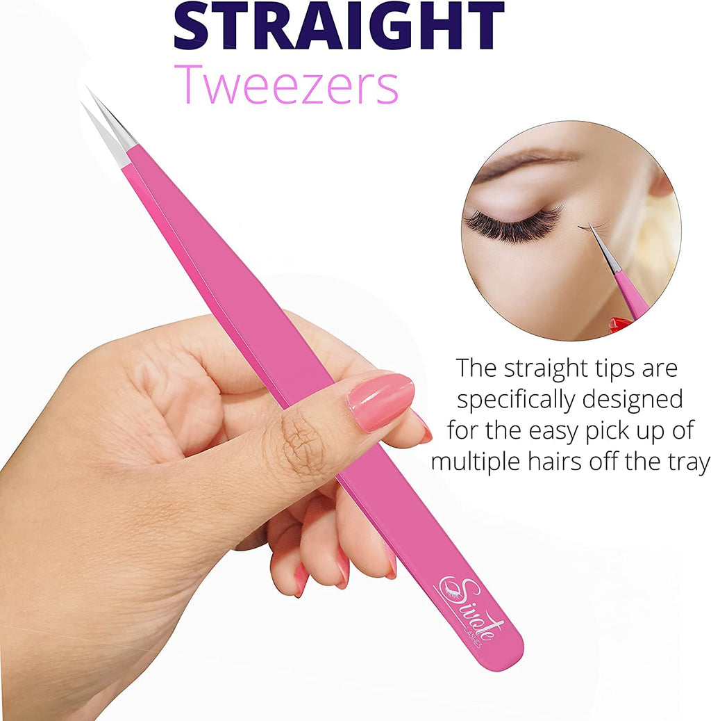 Lash Tweezers for Eyelash Extensions, Pink, Straight & Curved Tips