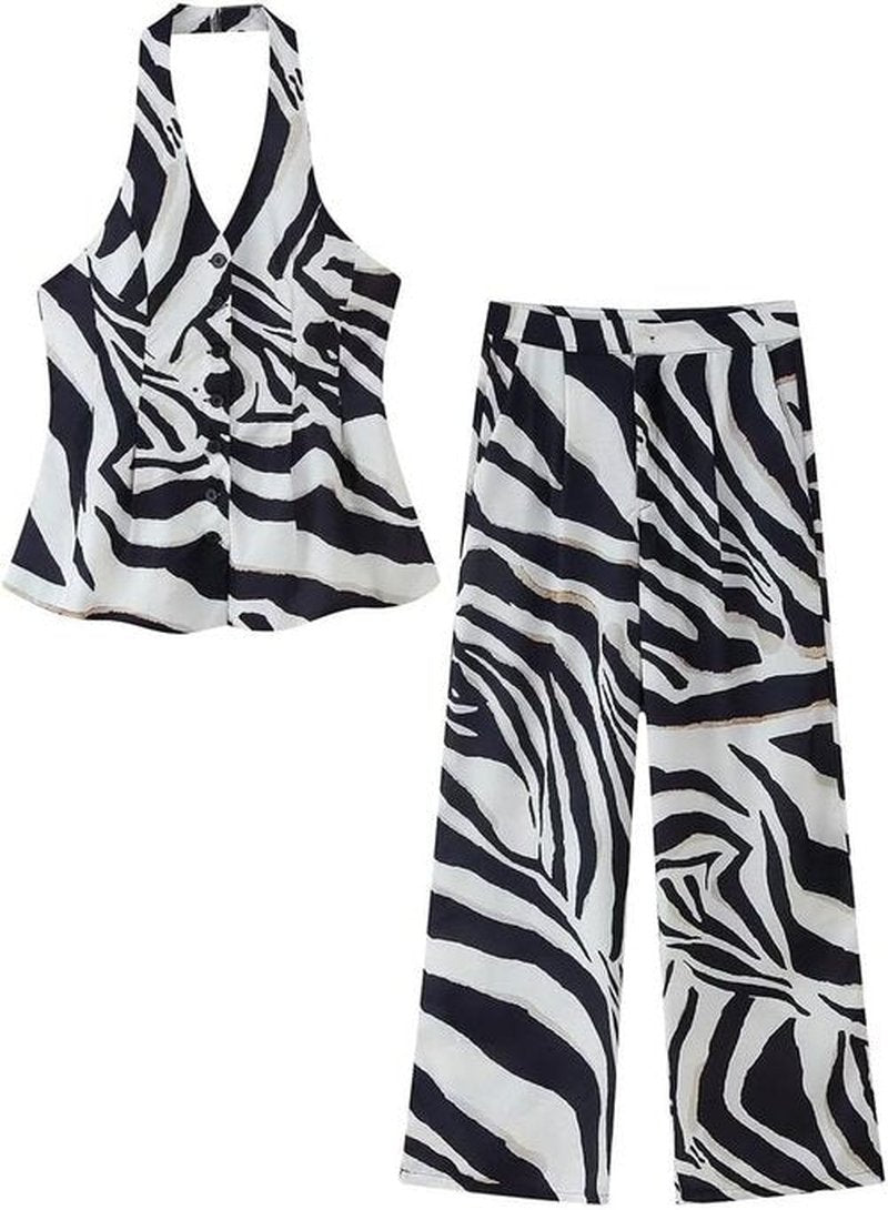 Skiennix 2-Piece Women's Outfit - Zebra Print Halter Top & Wide Leg Pants | Summer Vacation Ready