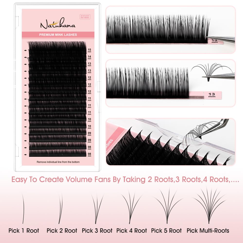 NATUHANA Classic Volume Eyelash Extension 0.05mm D Curl 8-15mm Single Length Tray Black Soft Individual Lashes 16 Rows, Professional Supplies for Lash Techs(0.05 D, 8-15 Mix)