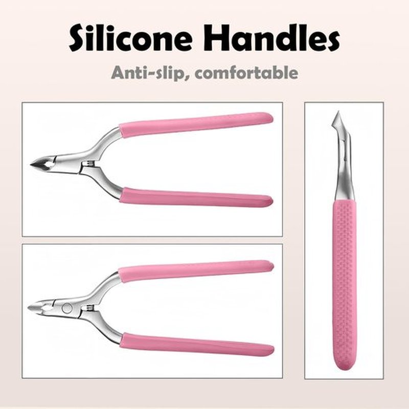 Cmetta Precision Cuticle Nippers Trimmer with Silicone Handles, Spring-Loaded Stainless steel Nail Clippers for Manicure Pedicure, Refined Edge Cuticle Remover Cutter Pusher Kit Tools (Pink -1 PACK)