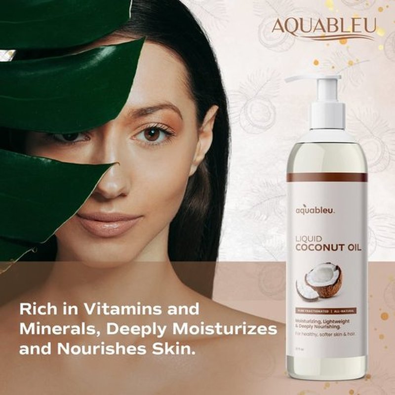 Aquableu Fractionated Liquid Coconut Oil - 100% Pure and All-Natural - Moisturizing, Lightweight and Deeply Nourishing - Promotes Healthy, Softer Skin & Hair - Hydrating - 12 oz
