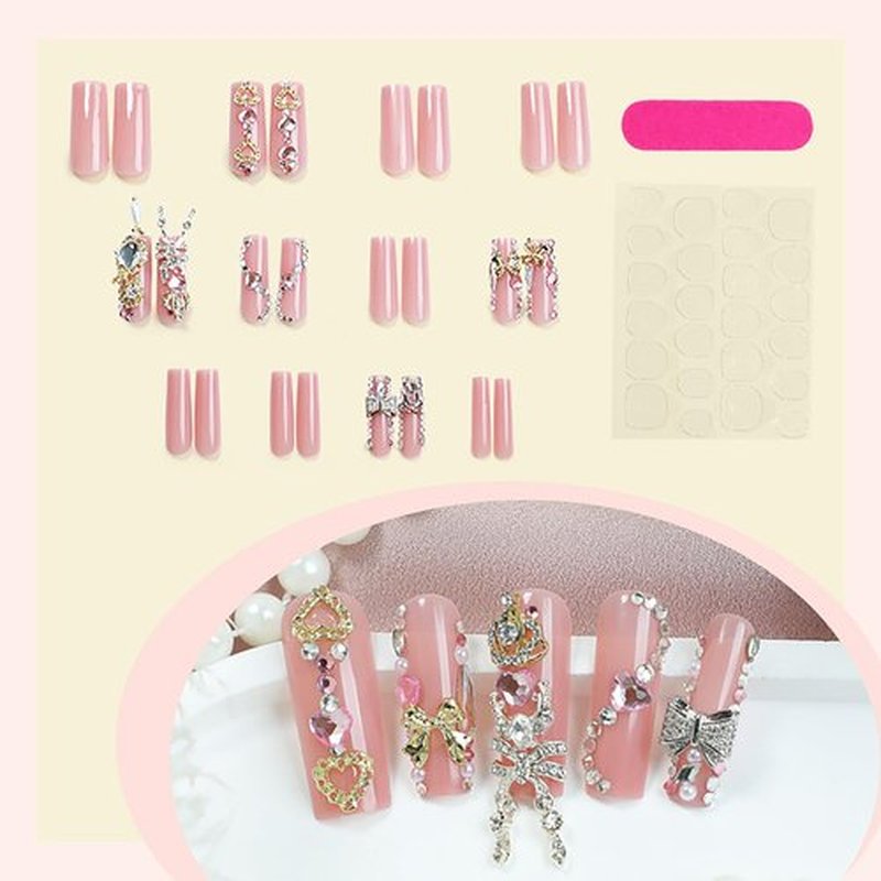 FIEONCIY Press on Nails Long Coffin Shaped Acrylic Glossy Full Cover Long Square French False Nails with Designs Artificial Extra Long Fake Nails with Charms Glue ons Fingernails for Women(XL10518)