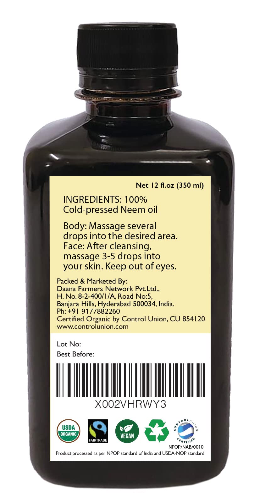 DAANA Neem Oil for Skin and Hair: Certified USDA Organic, Extra Virgin, Cold Pressed (12 Fl Oz)