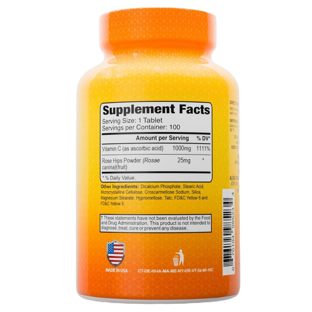 ALFA VITAMINS Vitamin C with Rose Hips with 1000 mg Vitamin C per Serving - Antioxidant & Immune Support + Supports Healthy Skin & Joints - Non GMO, Vegan, Gluten Free, Dairy Free - 100 Tablets
