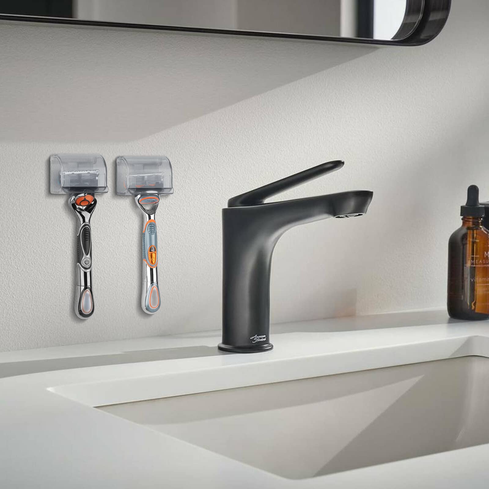 LUEXBOX 2 Pcs Plastic Razor Holders with Cover for Shower Wall, Self Adhesive Waterproof Razor Rack for Bathroom, Compatible with Fusion 5 Proglide, Mach 3 Classic(Grey)