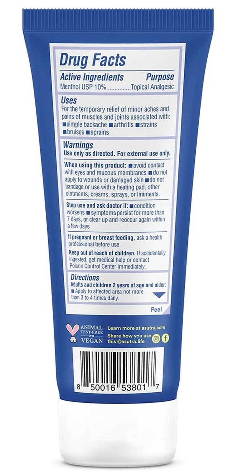 ASUTRA Muscle Pain Relief Cream, Cooling Menthol with Moisturizing Magnesium and Arnica Montana Oil, 3.4 oz