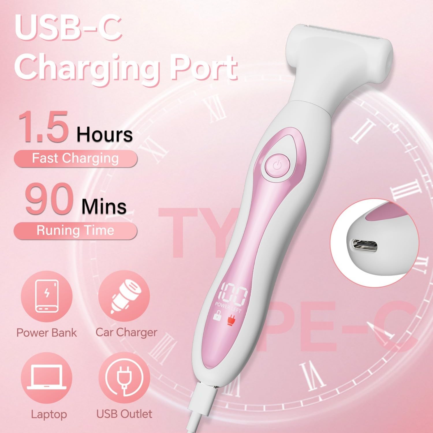 Electric Razors for Women, Painless Bikini Trimmer for Women for Silk Skin, 4-in-1 Wet/Dry Cordless Body Shaver, IPX6 Waterproof Replaceable Facial, Eyebrow, Nose Trimmer, Type-C Fast Charge, Pink