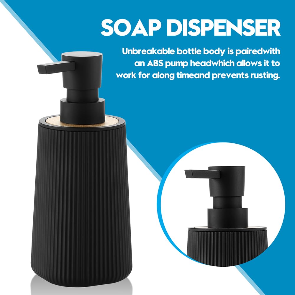 Small Soap Dispenser for Bathroom and Kitchen, Modern Farmhouse Striped Style Plastic Hand Soap Dish Soap Dispenser with Bamboo Decor Black