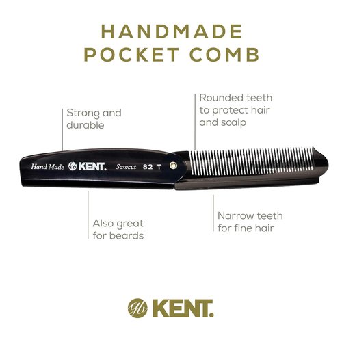 Kent 82T Black Graphite Folding Pocket Comb for Men, Fine Tooth Hair Comb Straightener for Everyday Grooming, Beard or Mustache, Use Dry or with Balms, Saw Cut Hand Polished, Made in England