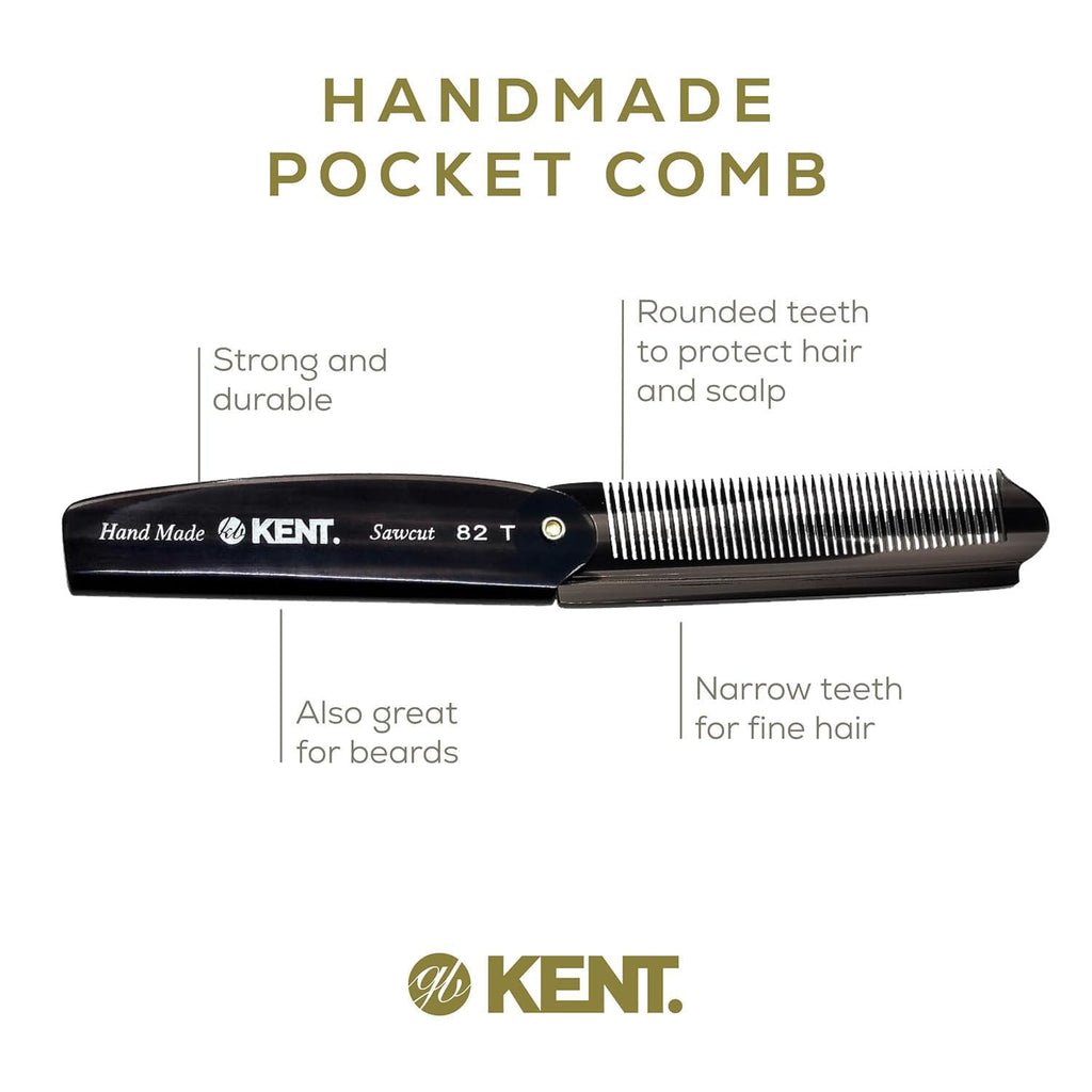 Kent 82T Black Graphite Folding Pocket Comb for Men, Fine Tooth Hair Comb Straightener for Everyday Grooming, Beard or Mustache, Use Dry or with Balms, Saw Cut Hand Polished, Made in England