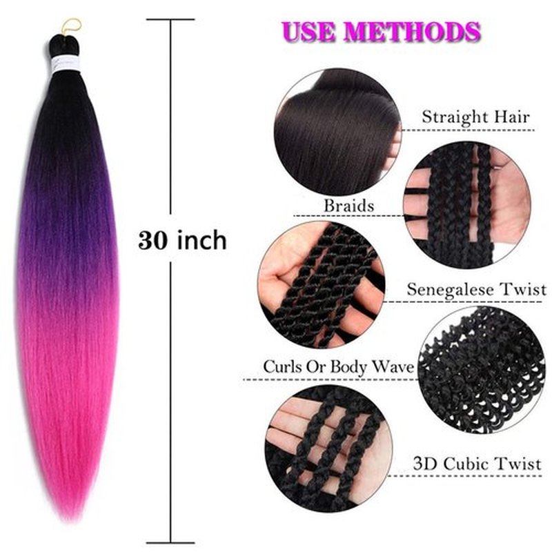Pre Stretched Braiding Hair Extensions 30 Inch 3 Packs Crochet Twist Braids Hair High Temperature Synthetic Fiber Braid Hair Hot Water Setting（30",Black-Purple-Rose Red）