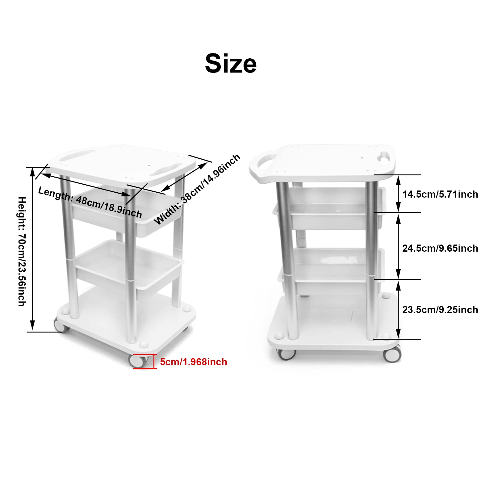 Facial Trolley Beauty Salon Cart 4 Layers Tray Sliver Colour Al Frame with White ABS Wheels Elitzia ETTRO5S